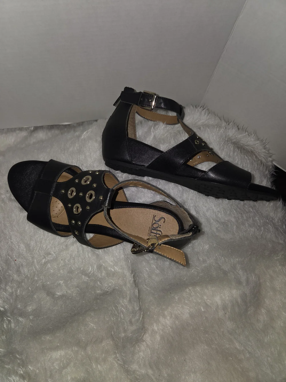 Sofft Black T-Strap Grommet Low Wedge Sandals